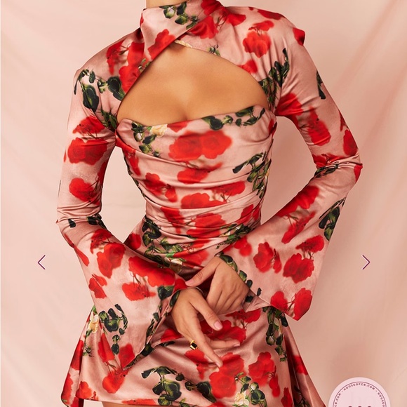 House of CB Dresses & Skirts - House of CB Toira Size L Pink Satin Dress with Red Floral Print